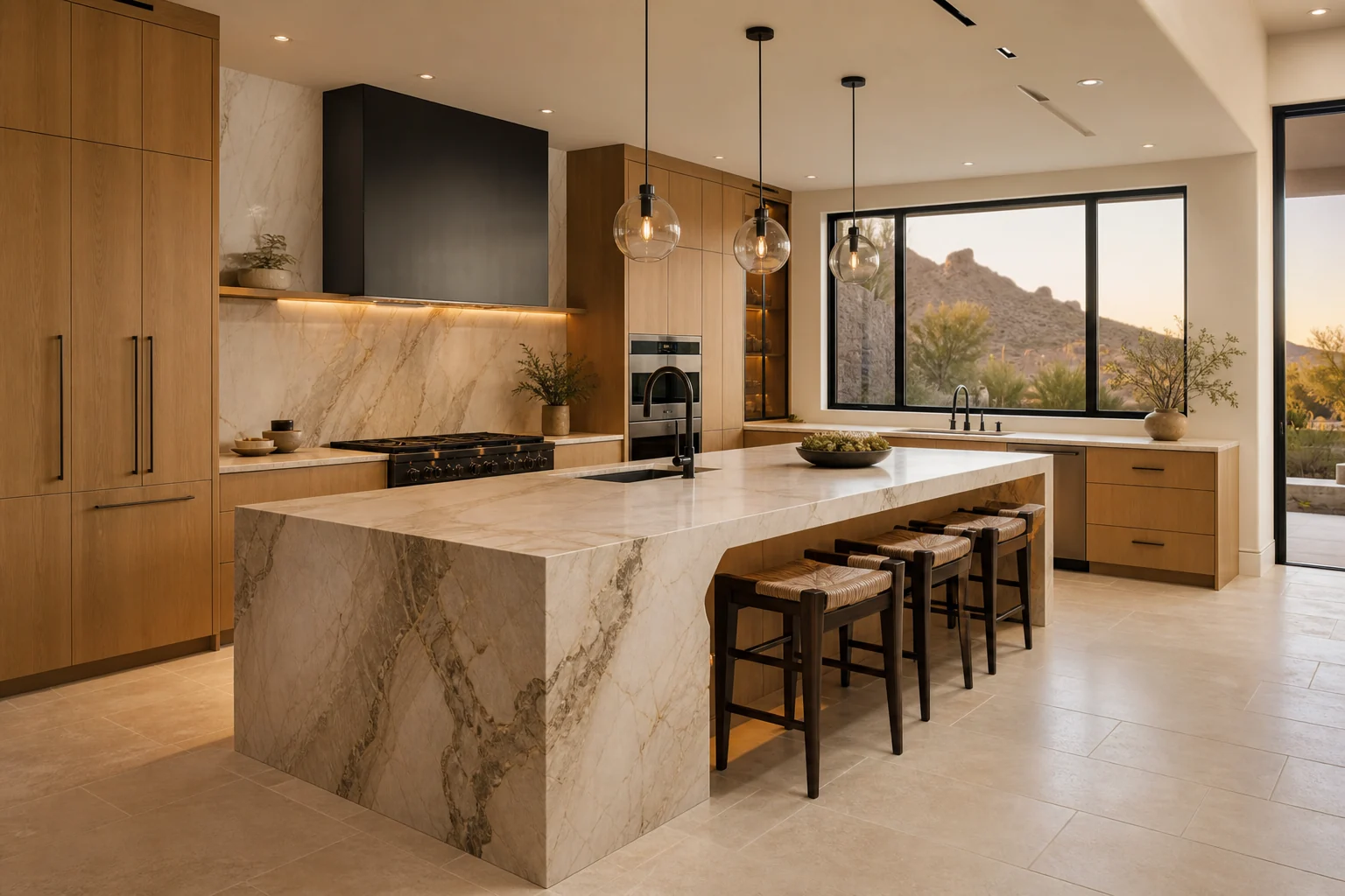 Luxury contemporary Arizona kitchen remodel with white oak cabinets and a natural stone island