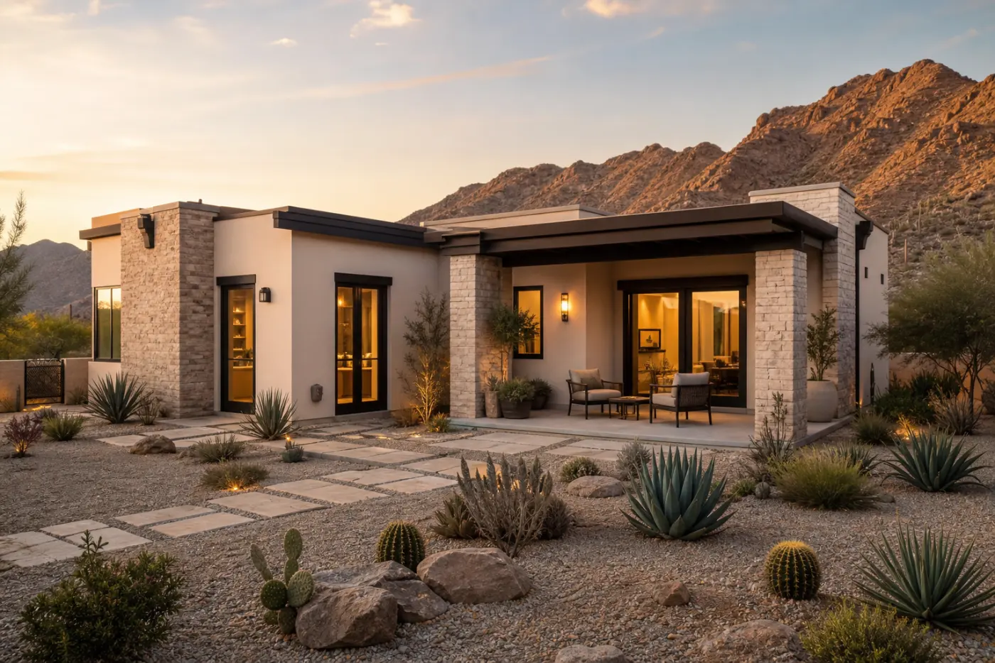Luxury contemporary Arizona casita with stone accents and Sonoran desert landscaping