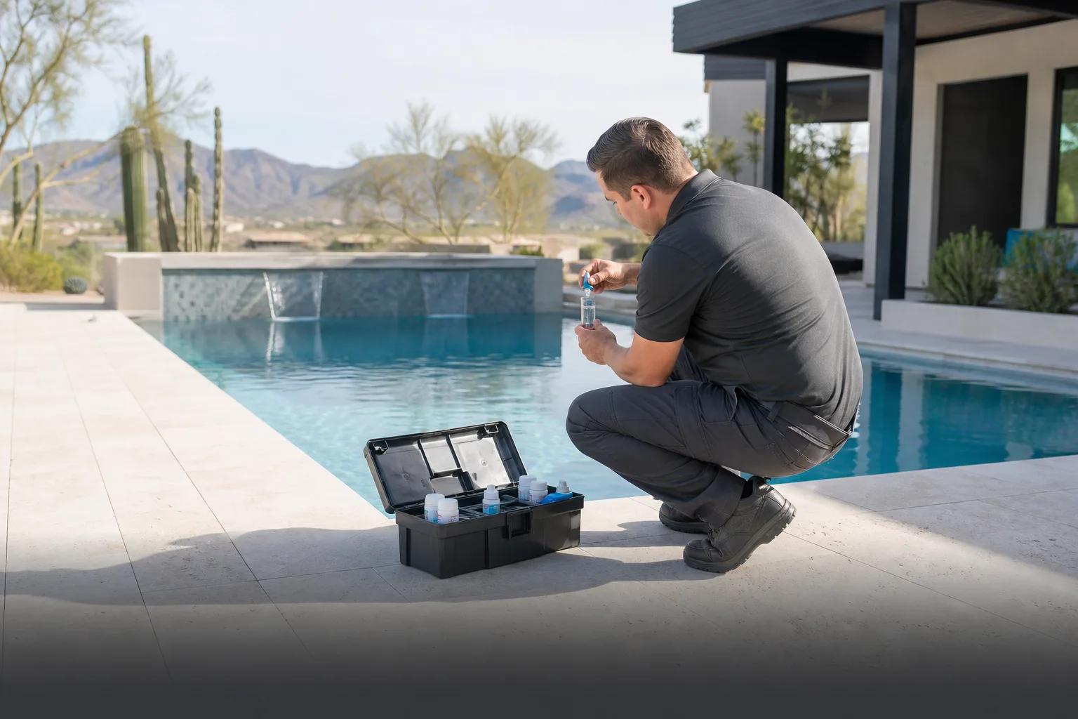 Professional pool technician testing the water at a luxury Arizona swimming pool